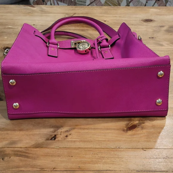 Michael Kors Hamilton Large Satchel Hot Pink Fuchsia Saffiano Leather Lock Bag